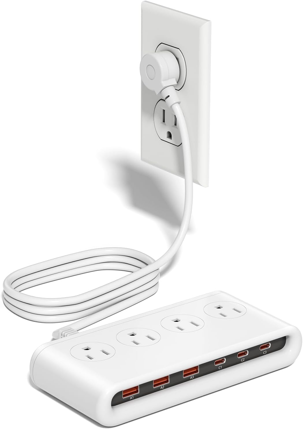 10-in-1 Power Strip with 4 AC Outlets, 3 USB-A & 3 USB-C, 5ft Flat Plug Extension Cord