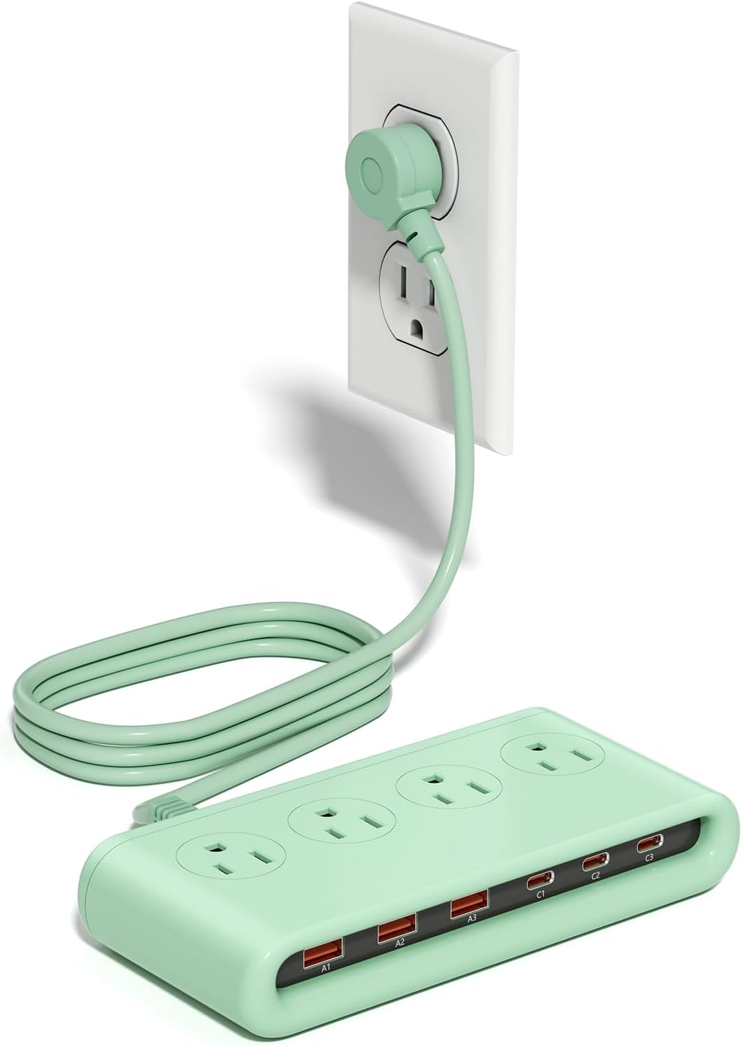10-in-1 Power Strip with 4 AC Outlets, 3 USB-A & 3 USB-C, 5ft Flat Plug Extension Cord