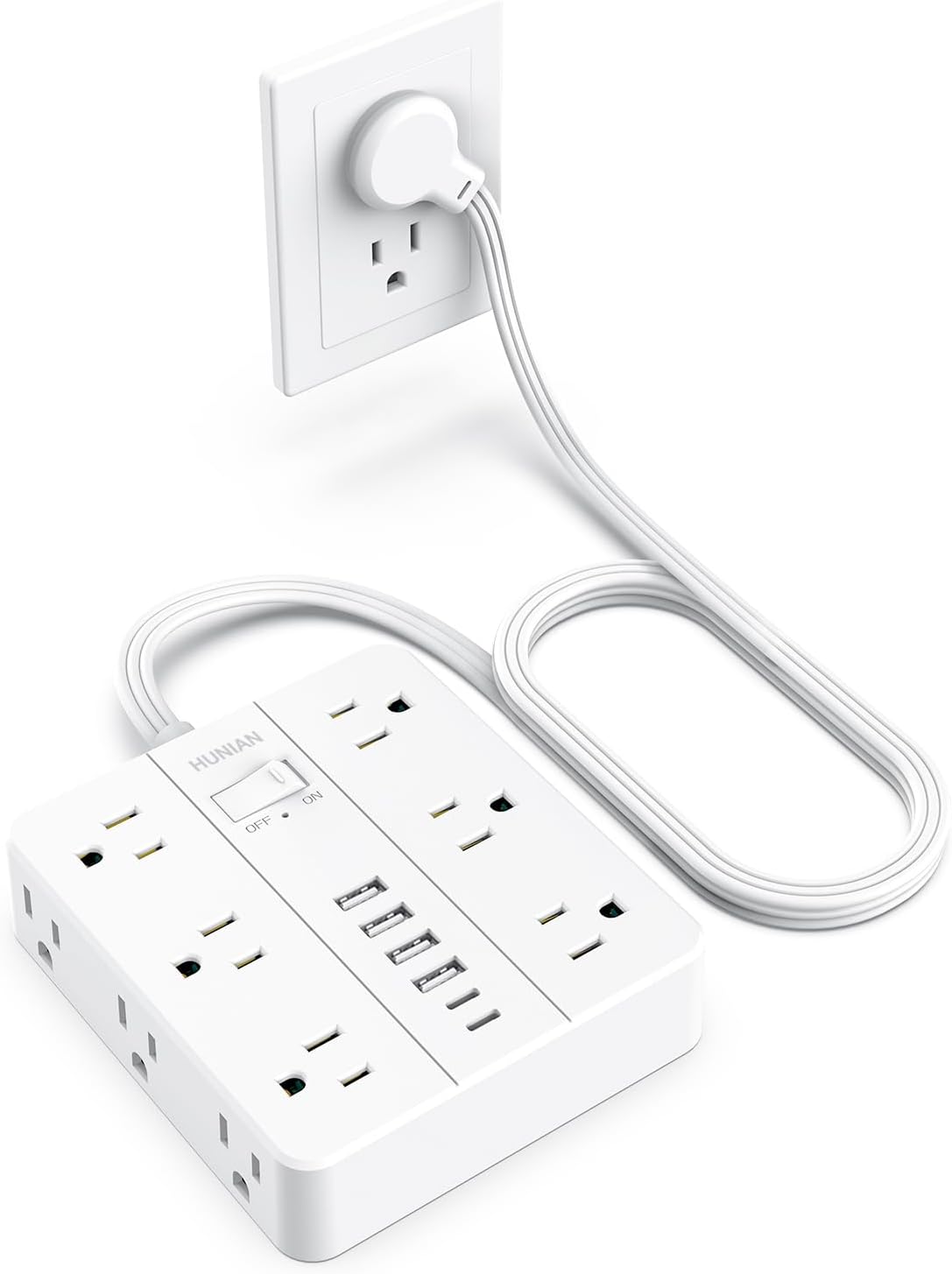 12 Outlets 6 USB (2 USB-C) Surge Protector Power Strip 5ft Extension Cord Flat Plug