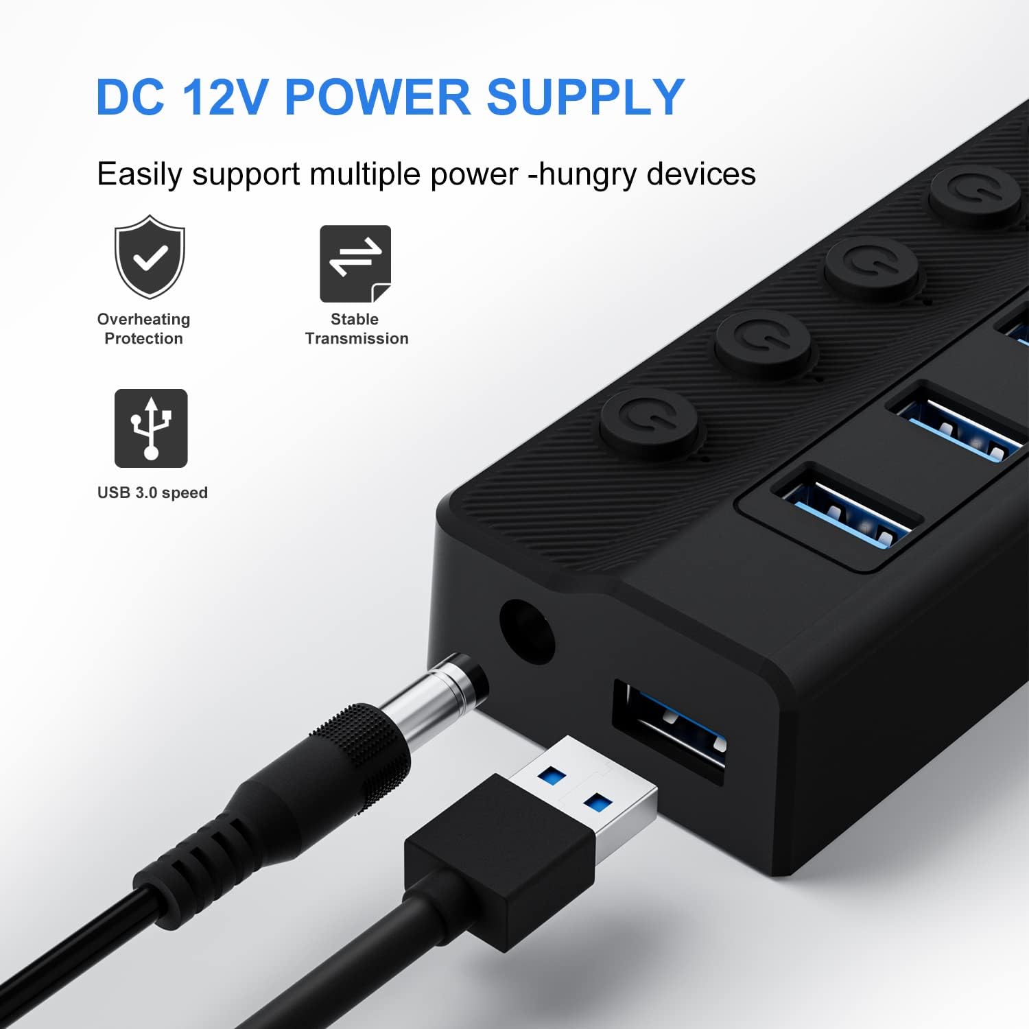 Powered 10-Port USB 3.0 Hub with Individual On/Off Switches and 12V/2A Adapter