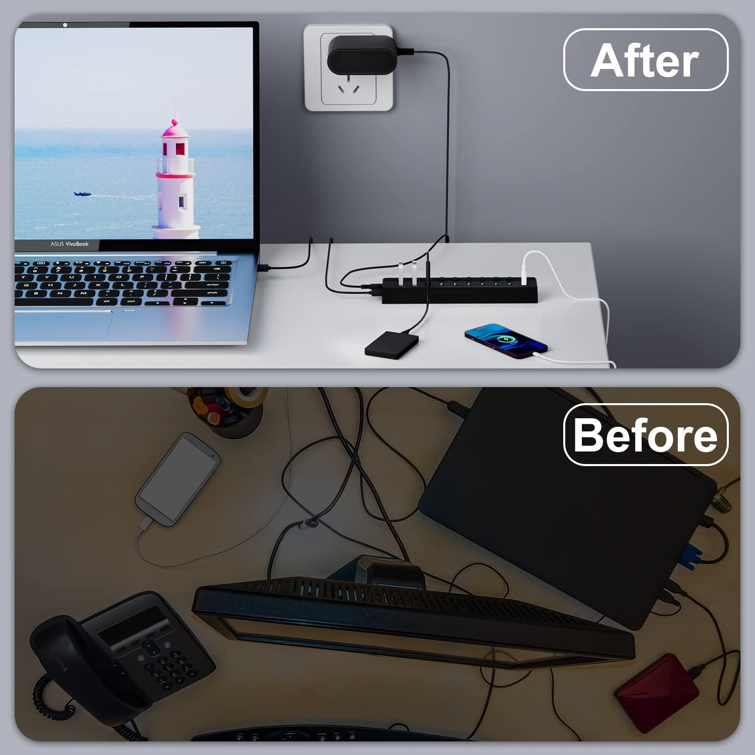 Powered 10-Port USB 3.0 Hub with Individual On/Off Switches and 12V/2A Adapter