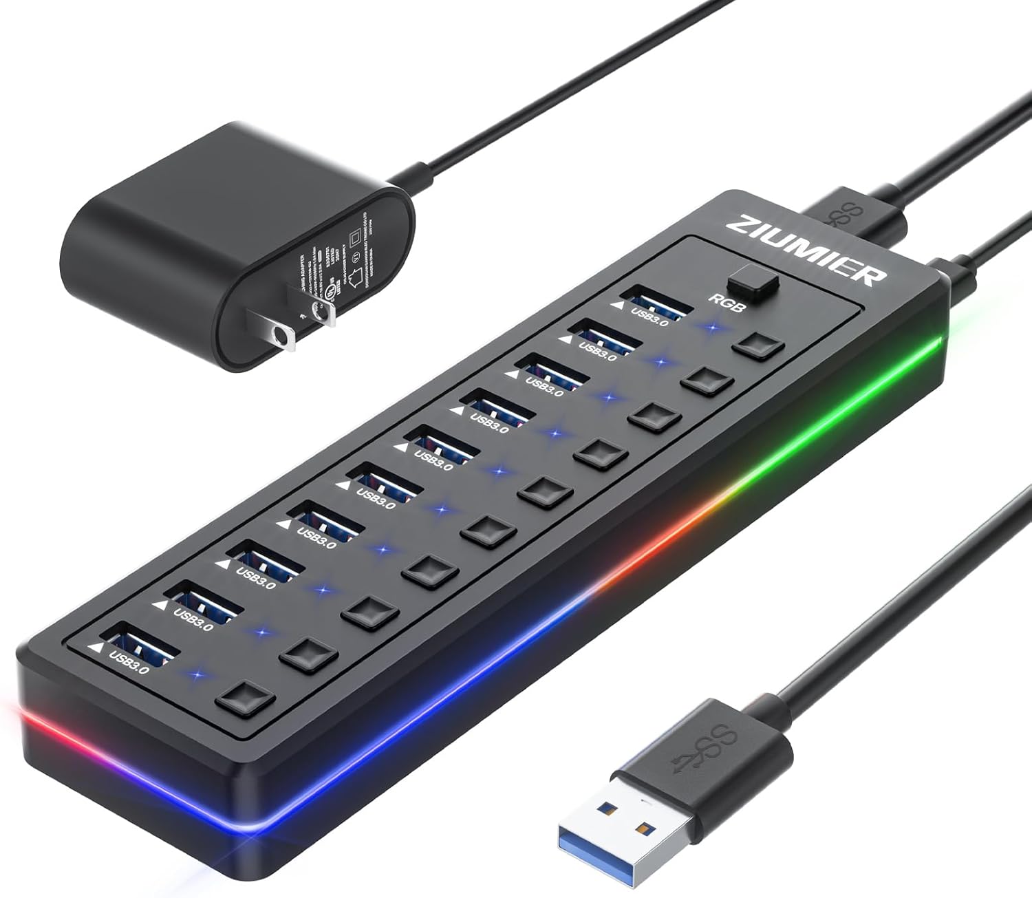 Powered 10-Port USB 3.0 Hub with RGB LED, 5Gbps, Individual On/Off Switches & 12V Adapter