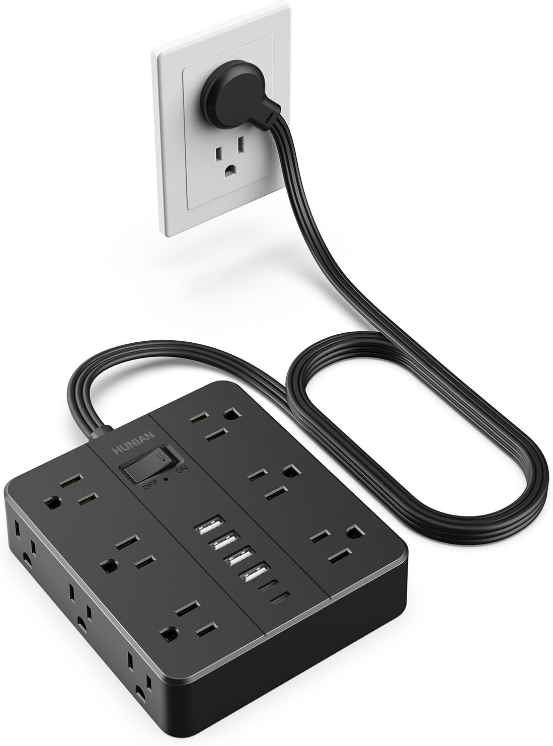 12 Outlets 6 USB (2 USB-C) Surge Protector Power Strip 5ft Extension Cord Flat Plug