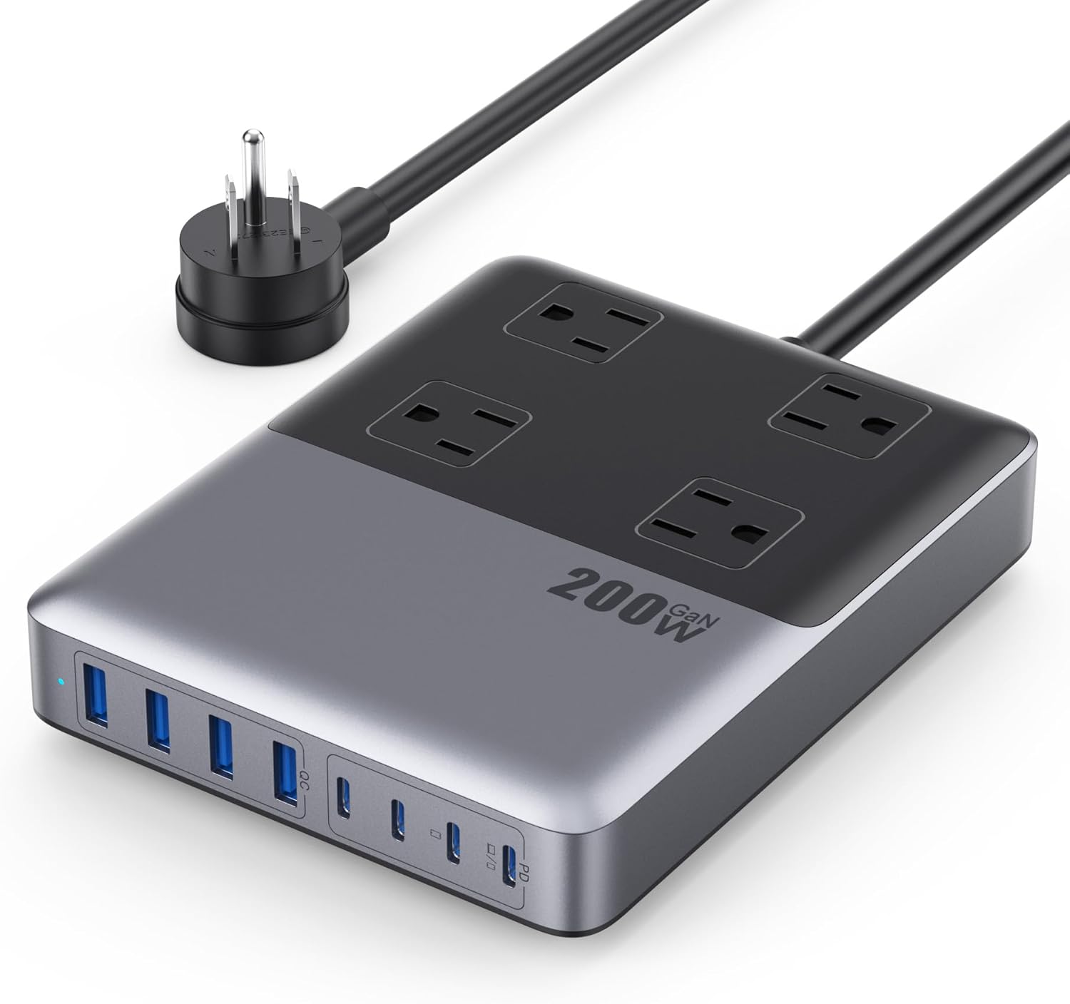 200W GaN 12-in-1 Power Strip with 4 AC Outlets 8 USB Ports (USB-C) 5ft Cord