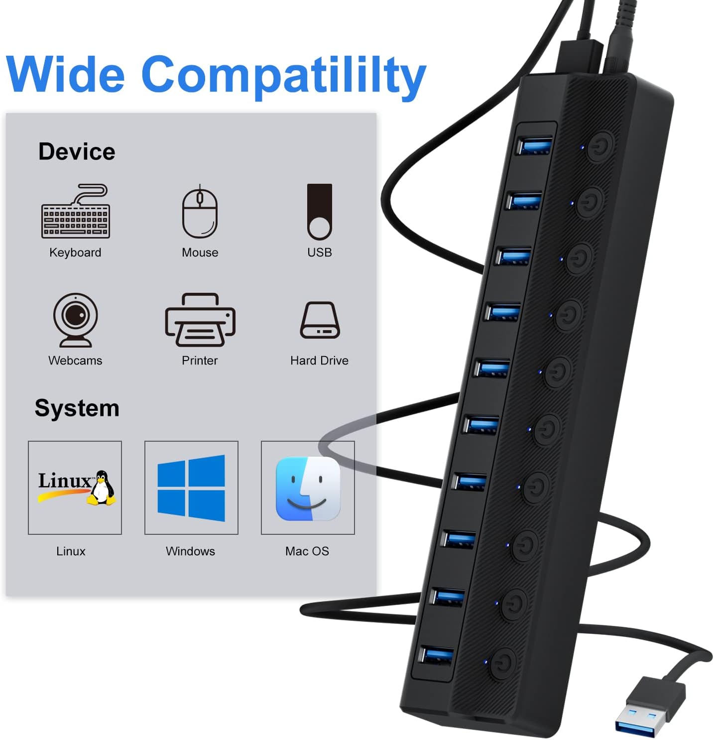 Powered 10-Port USB 3.0 Hub with Individual On/Off Switches and 12V/2A Adapter