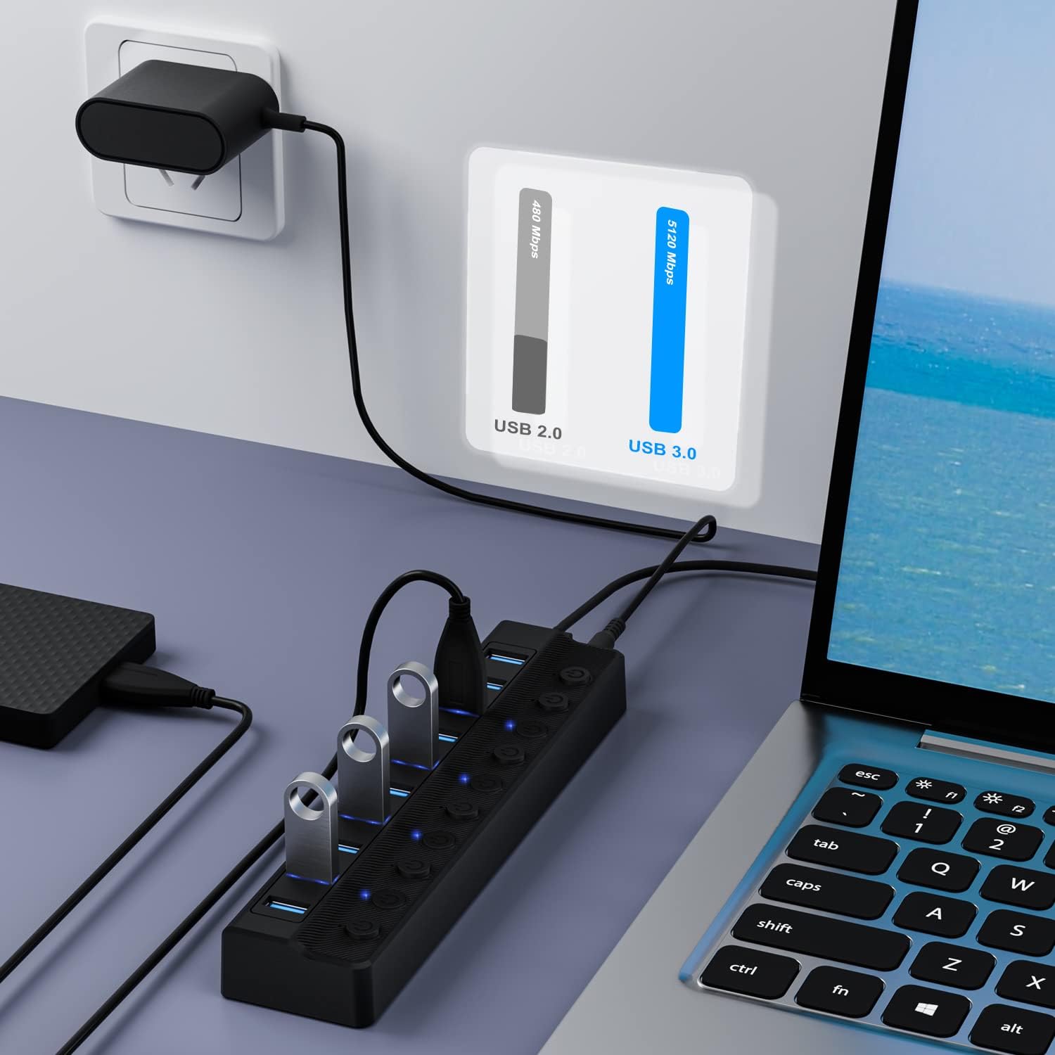 Powered 10-Port USB 3.0 Hub with Individual On/Off Switches and 12V/2A Adapter