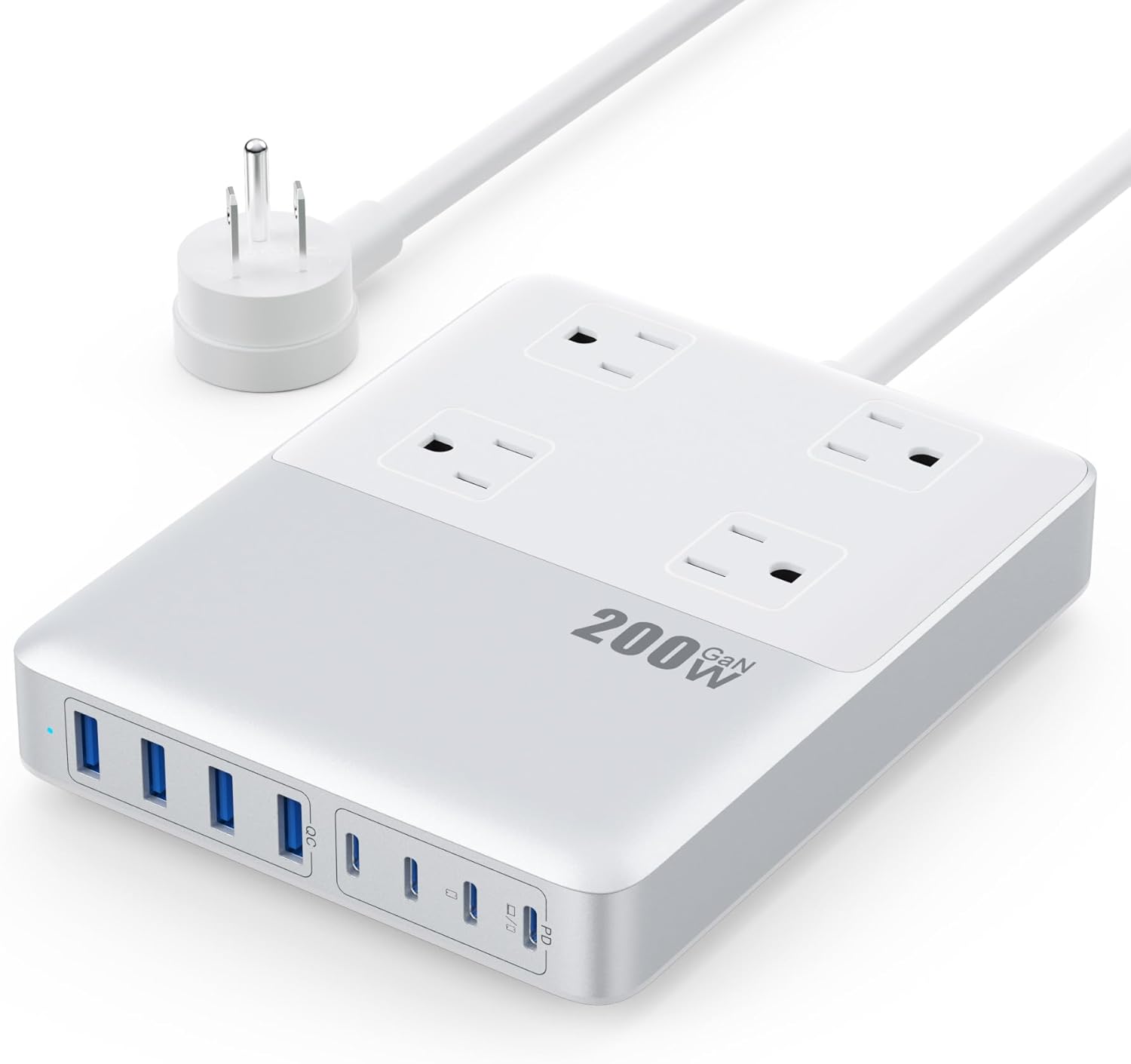 200W GaN 12-in-1 Power Strip with 4 AC Outlets 8 USB Ports (USB-C) 5ft Cord