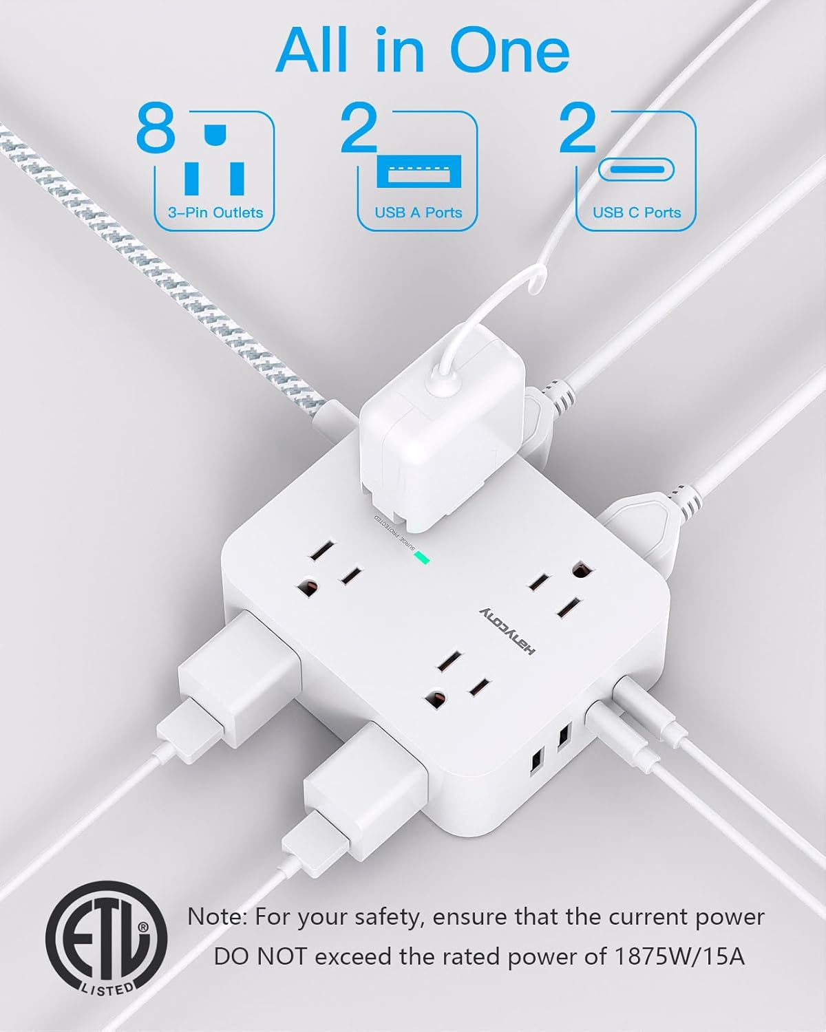 8 Outlets Surge Protector Power Strip with 4 USB Ports (2 USB-C), 5ft Braided Extension Cord