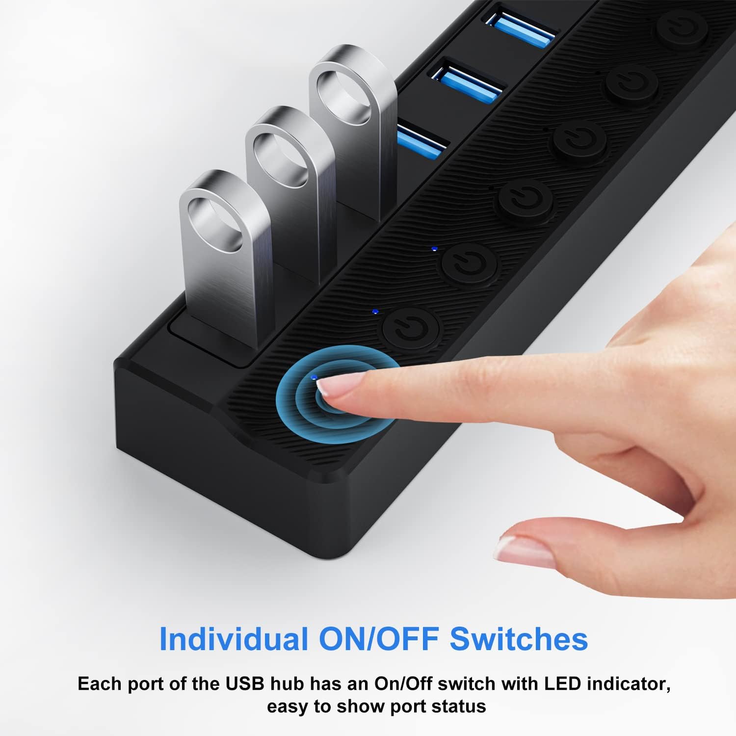 Powered 10-Port USB 3.0 Hub with Individual On/Off Switches and 12V/2A Adapter