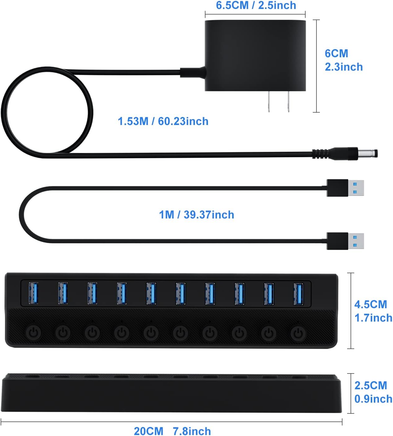 Powered 10-Port USB 3.0 Hub with Individual On/Off Switches and 12V/2A Adapter