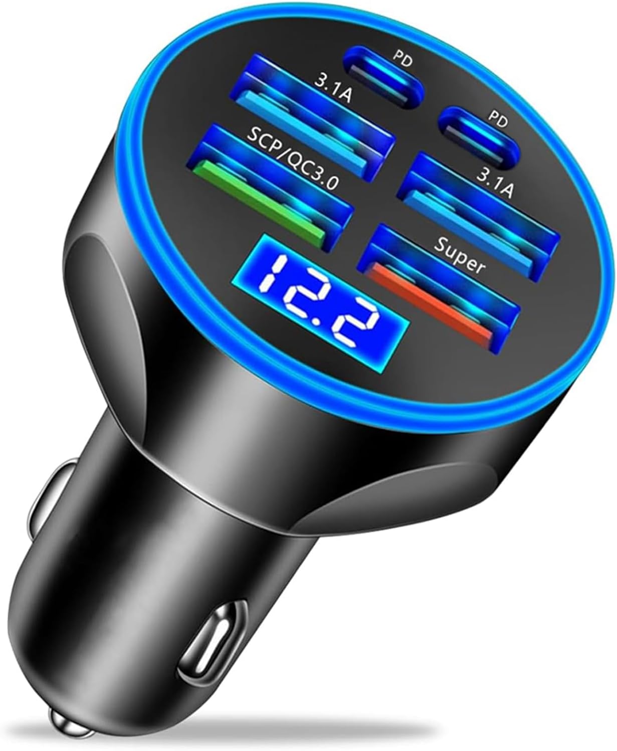 250W 6-Port Car Charger with PD & QC3.0 Fast Charging and Voltage Display