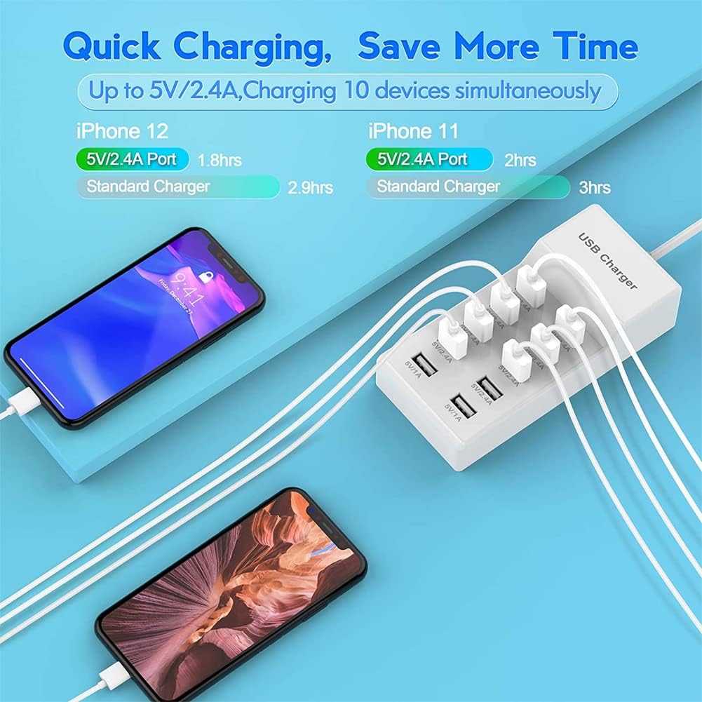 10-Port USB Charging Station Multi-Port USB Charger Hub with Auto-Detect