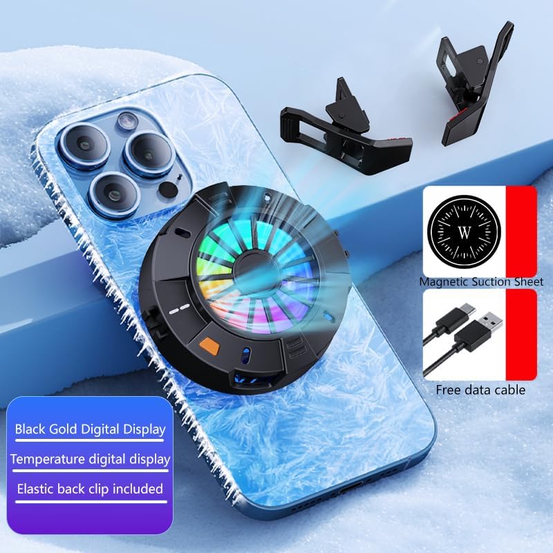 2-in-1 Magnetic Clip Phone Cooler RGB LED Fan with Digital Temp Display