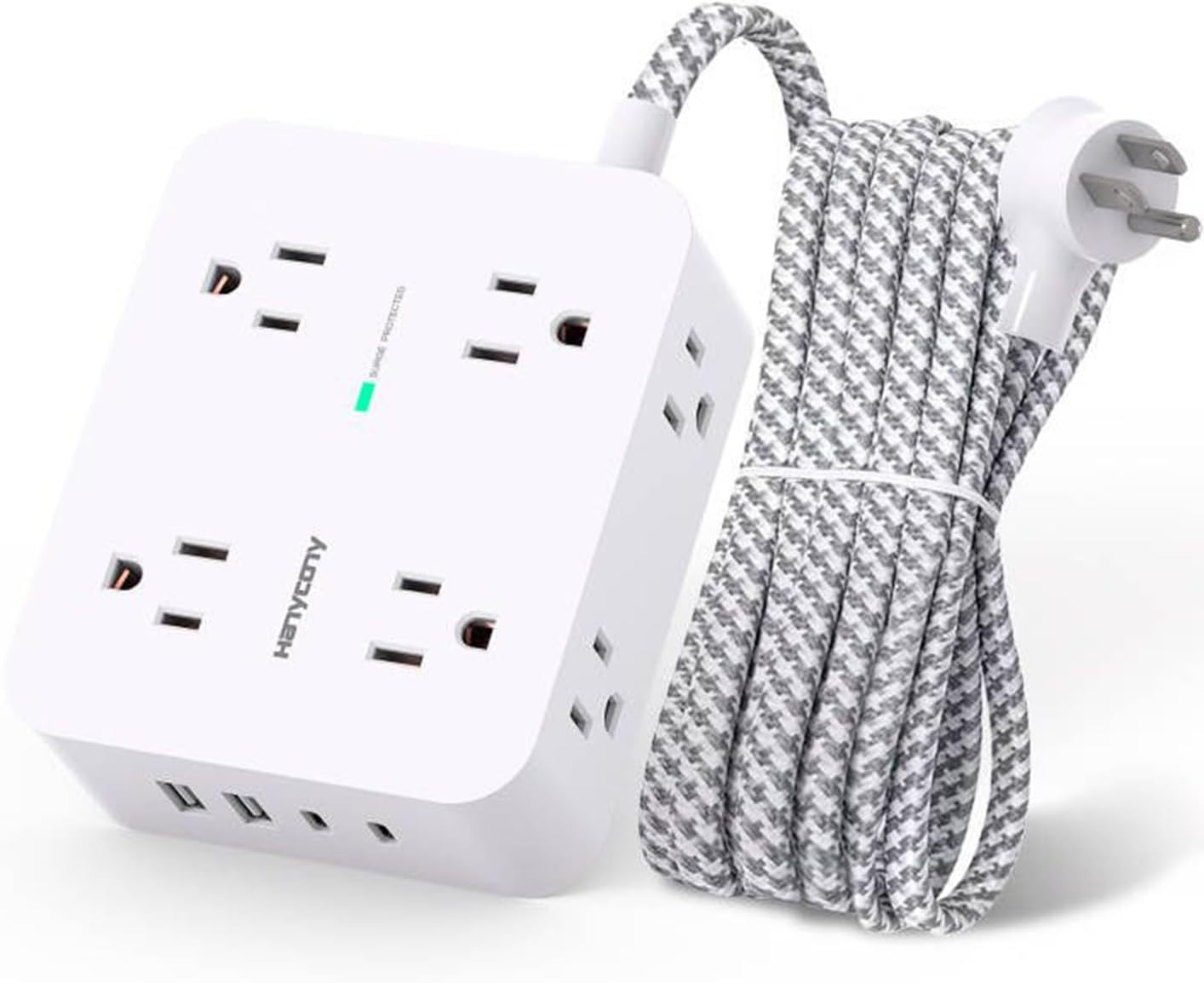8 Outlets Surge Protector Power Strip with 4 USB Ports (2 USB-C), 5ft Braided Extension Cord