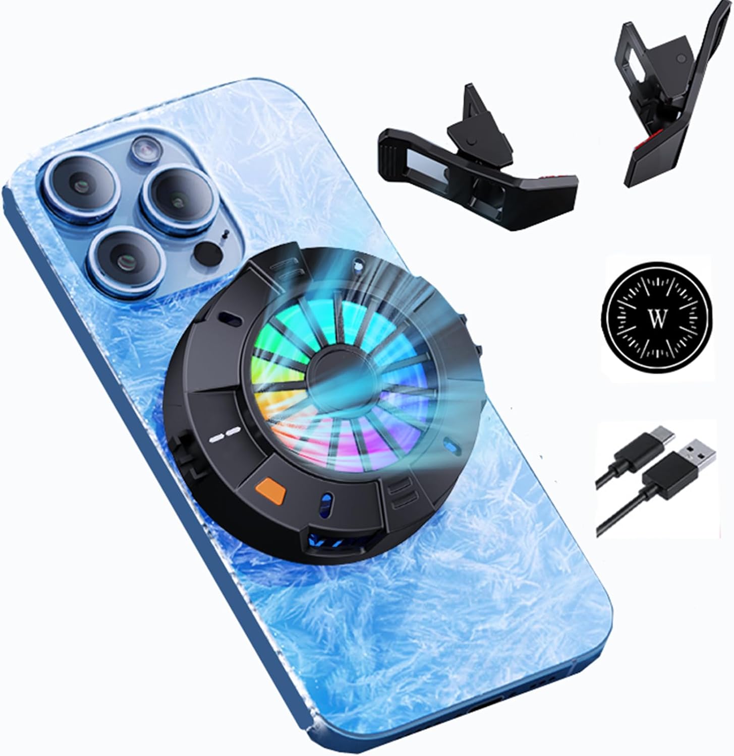 2-in-1 Magnetic Clip Phone Cooler RGB LED Fan with Digital Temp Display