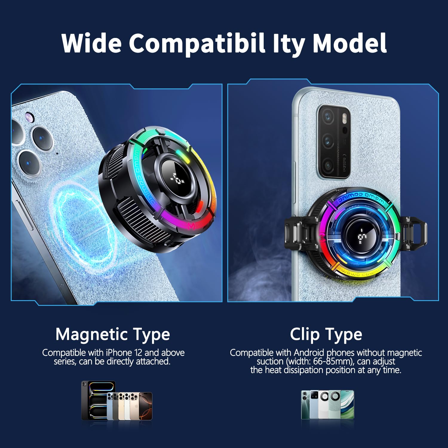 Magnetic MagSafe Phone Cooler RGB LED Cooling Fan for iPhone Android Gaming