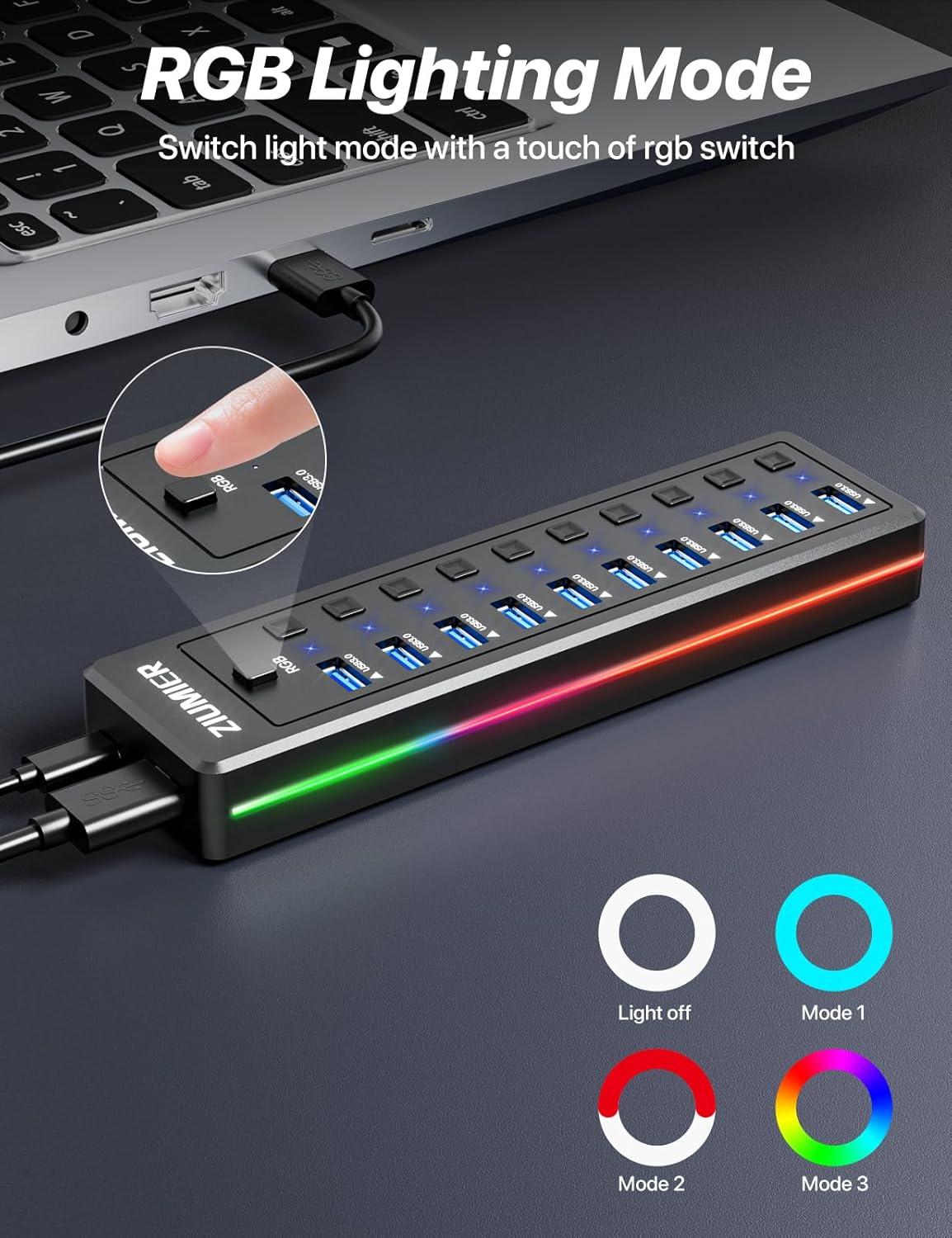 Powered 10-Port USB 3.0 Hub with RGB LED, 5Gbps, Individual On/Off Switches & 12V Adapter
