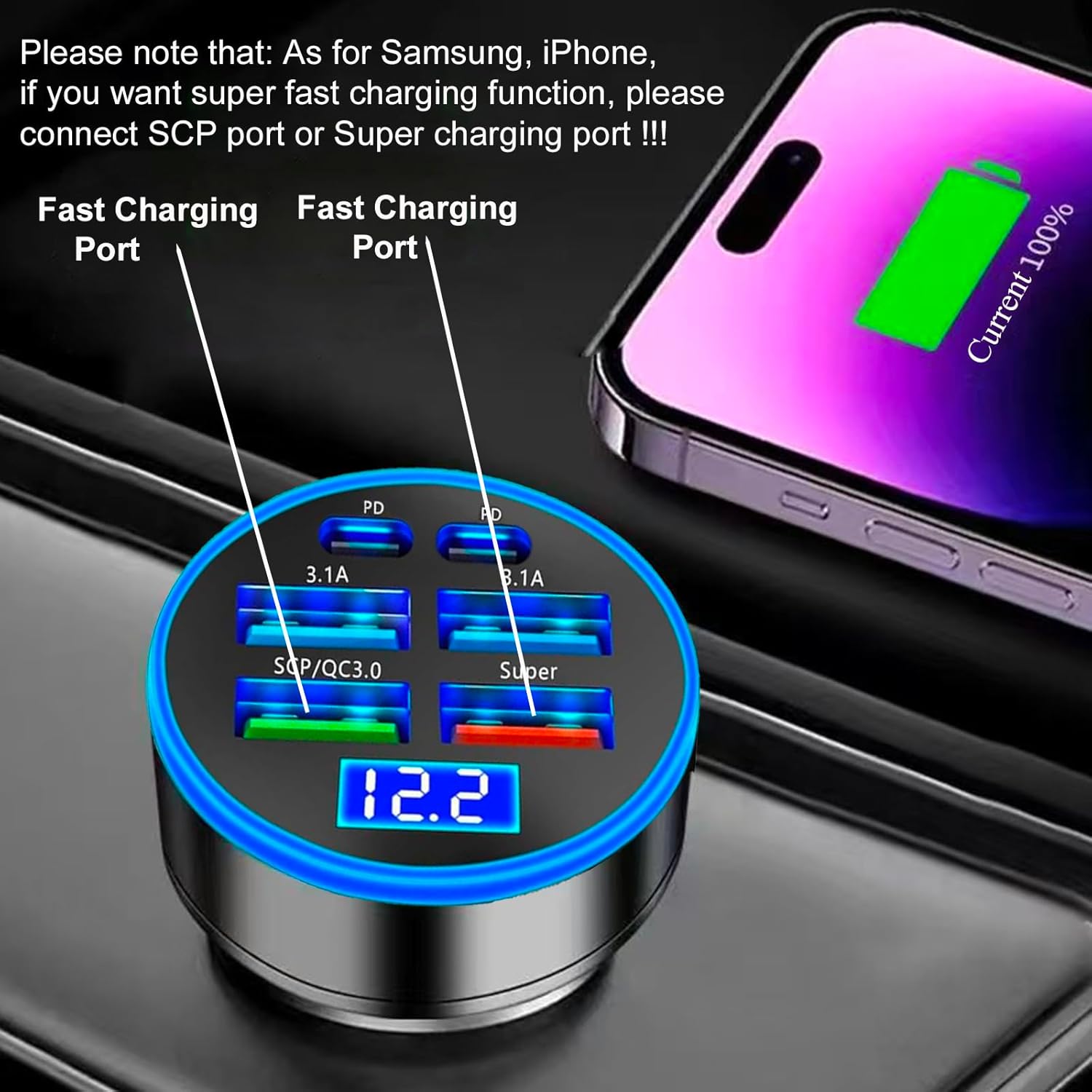 250W 6-Port Car Charger with PD & QC3.0 Fast Charging and Voltage Display