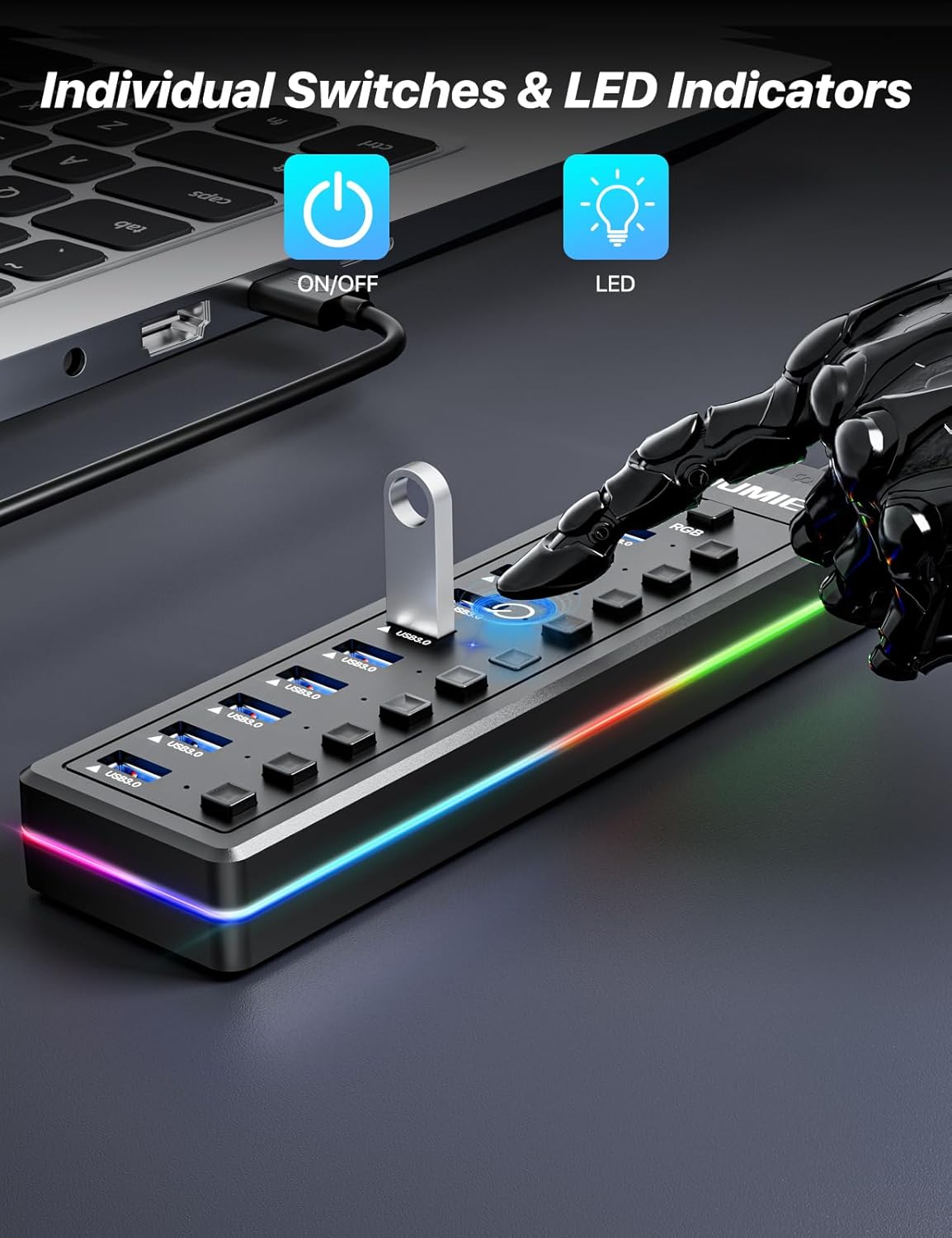 Powered 10-Port USB 3.0 Hub with RGB LED, 5Gbps, Individual On/Off Switches & 12V Adapter