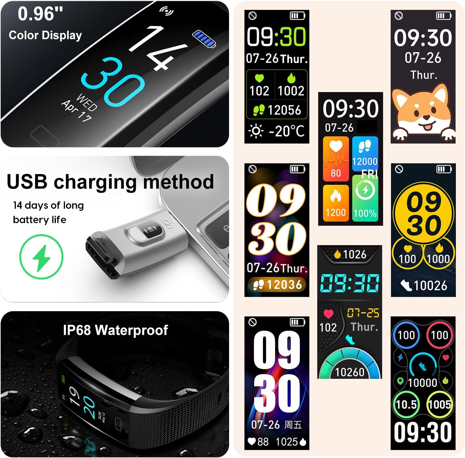 Fitness Tracker Watch with Heart Rate & Sleep Monitor, IP68 Waterproof Step Counter