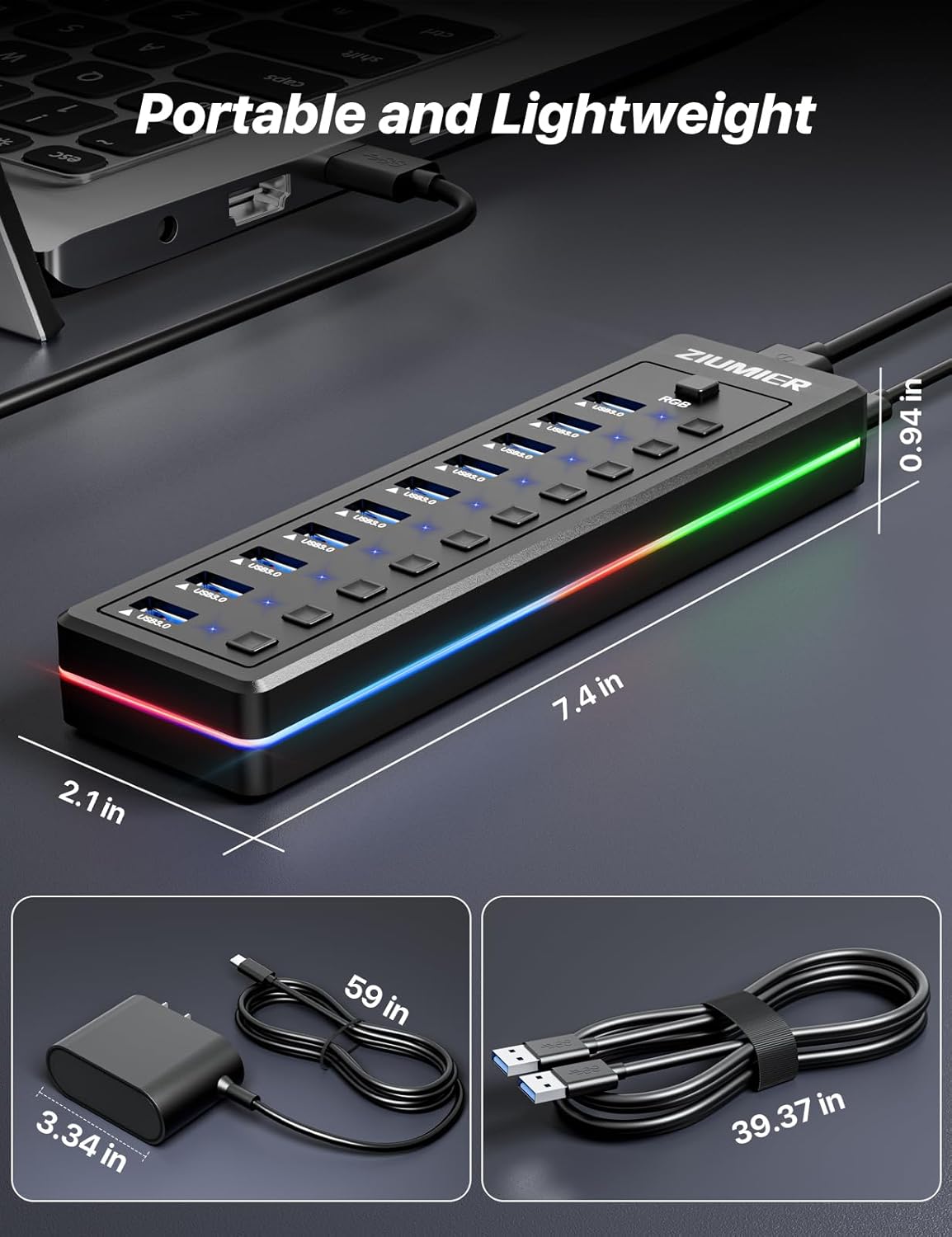 Powered 10-Port USB 3.0 Hub with RGB LED, 5Gbps, Individual On/Off Switches & 12V Adapter