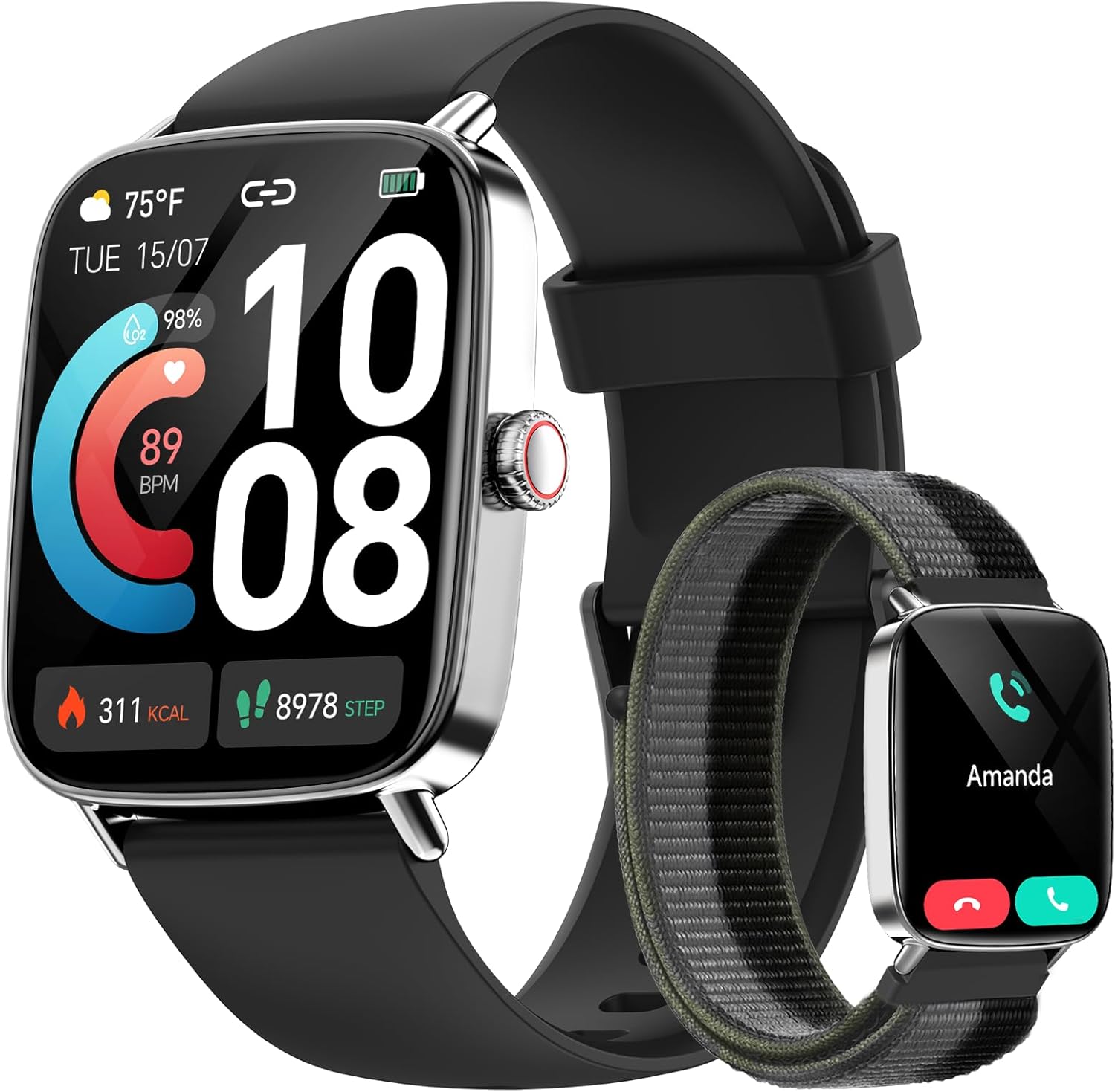 Smart Watch with Call Function, 1.85" HD Fitness Tracker with Heart Rate/SpO2 Monitor, IP68 Waterproof