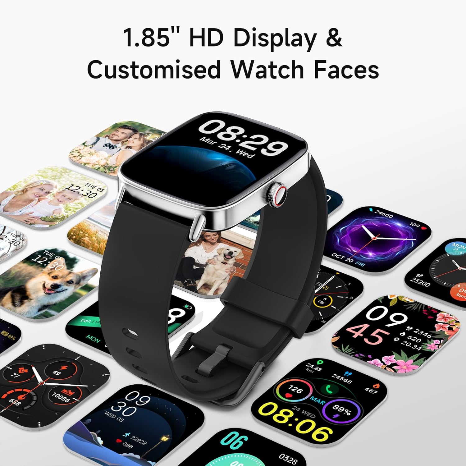 Smart Watch with Call Function, 1.85" HD Fitness Tracker with Heart Rate/SpO2 Monitor, IP68 Waterproof