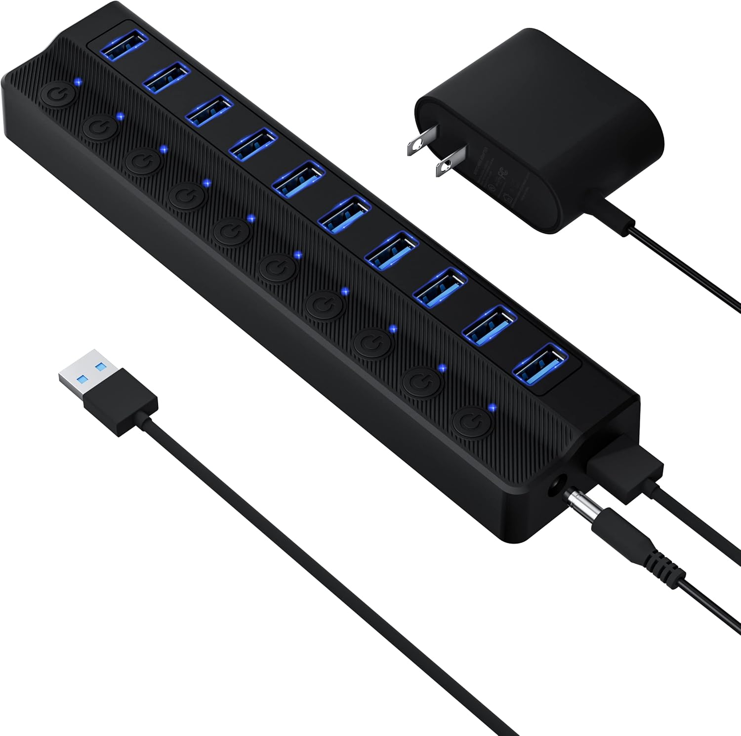 Powered 10-Port USB 3.0 Hub with Individual On/Off Switches and 12V/2A Adapter