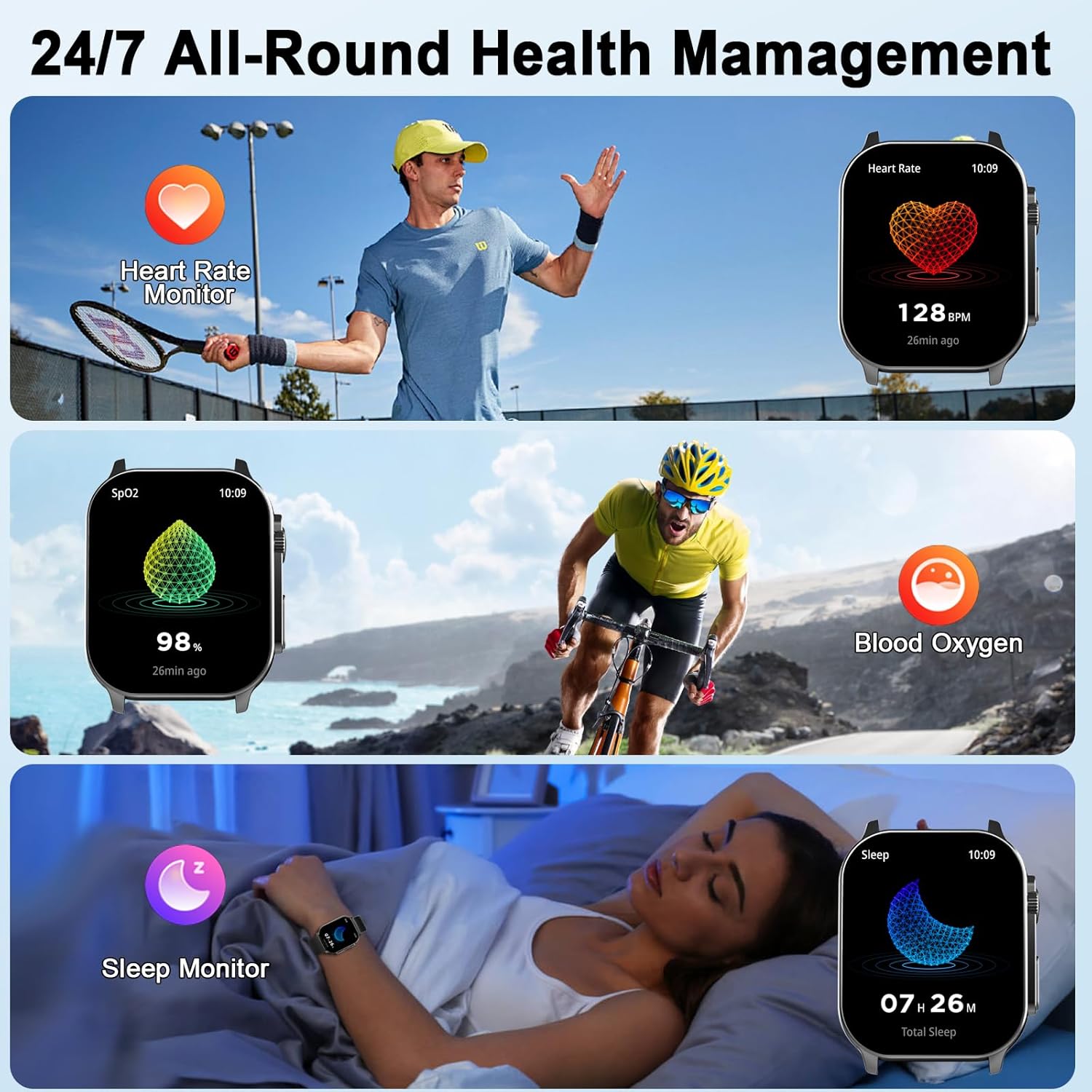 2.01" AMOLED Smart Watch Fitness Tracker with Heart Rate & Sleep Monitor, IP68 Waterproof