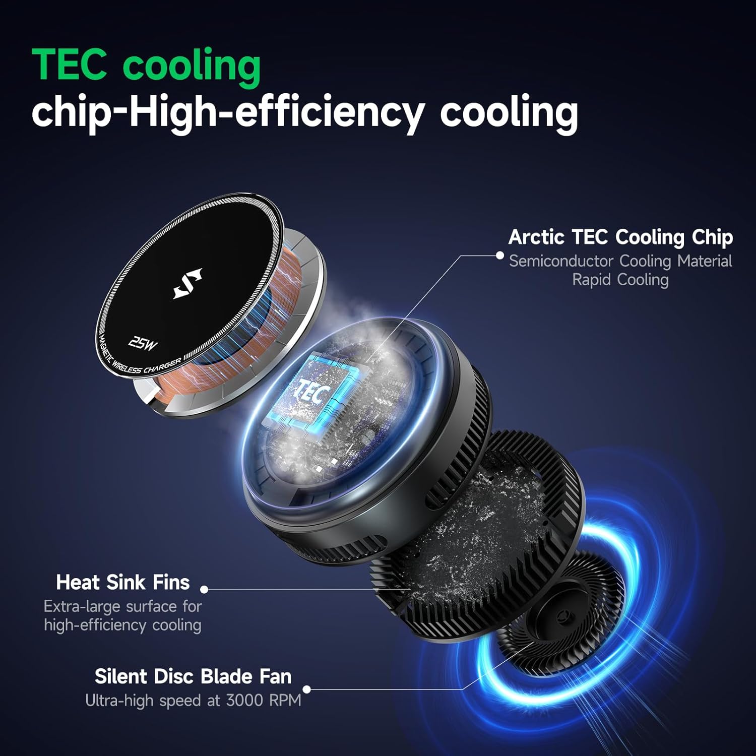 Magnetic Wireless Charger Phone Cooler 25W for iPhone 17/16/15/14 Gaming Streaming