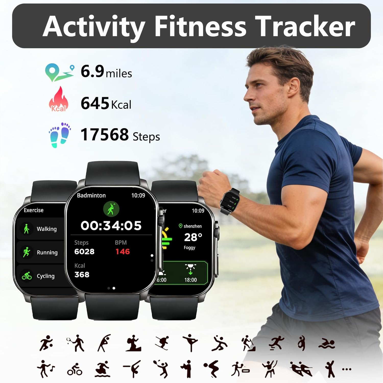 2.01" AMOLED Smart Watch Fitness Tracker with Heart Rate & Sleep Monitor, IP68 Waterproof