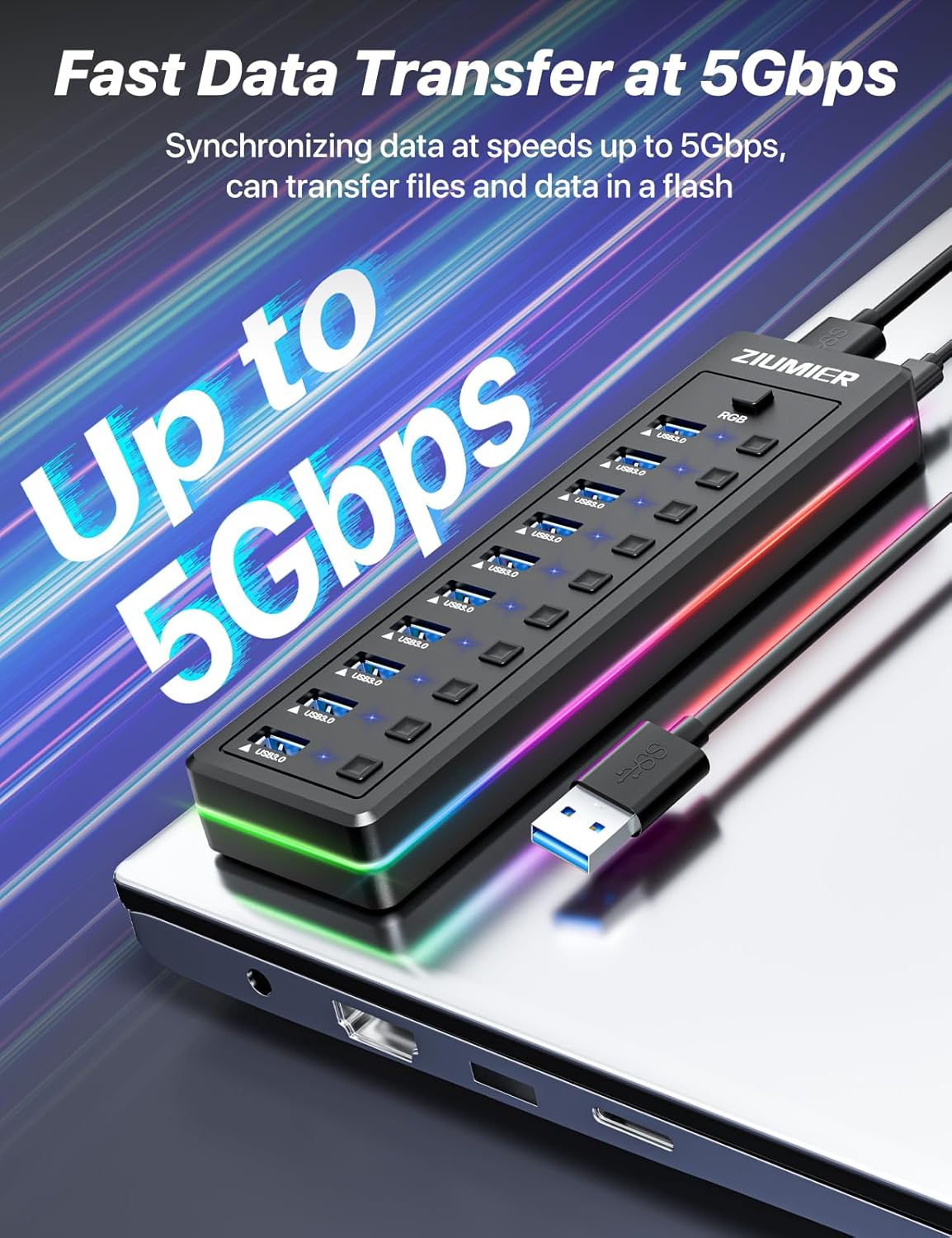 Powered 10-Port USB 3.0 Hub with RGB LED, 5Gbps, Individual On/Off Switches & 12V Adapter