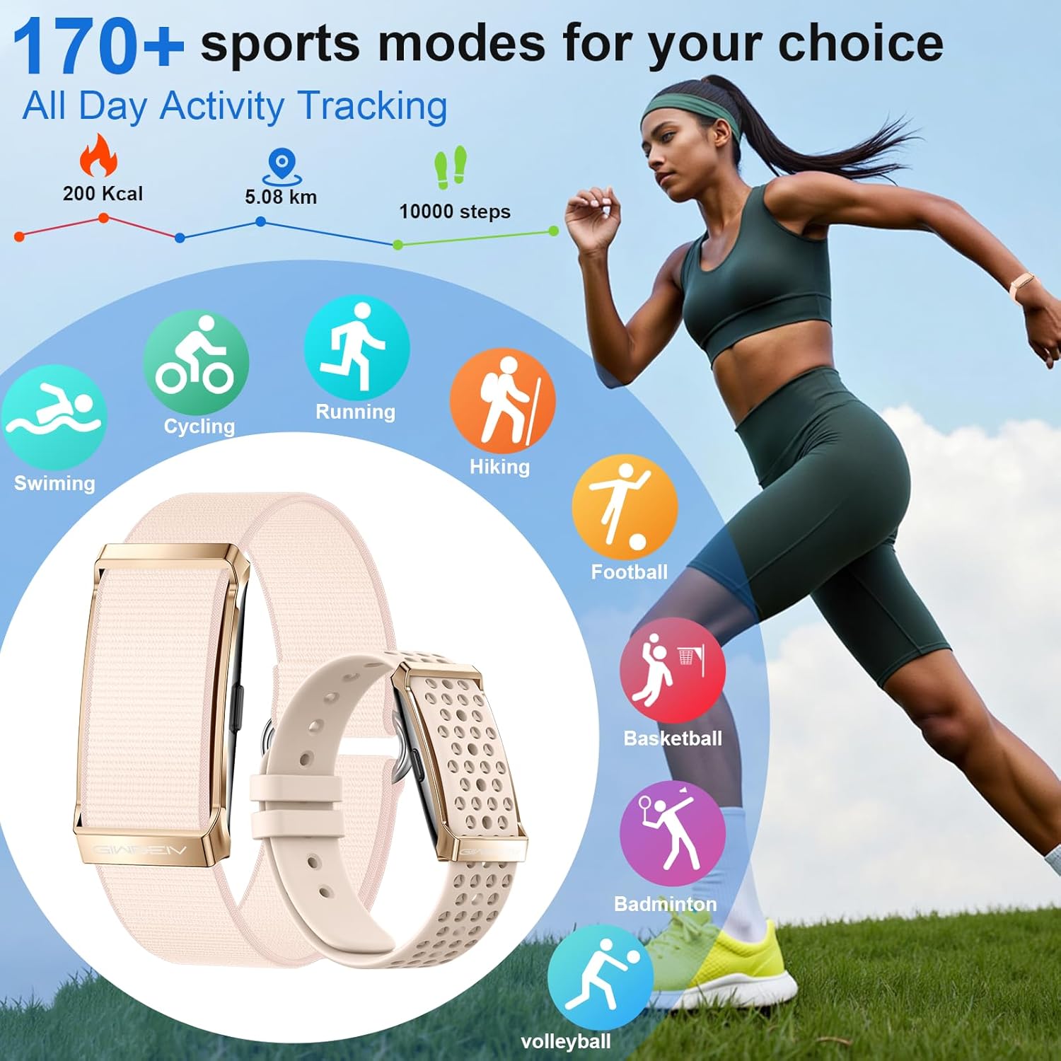 Fitness Tracker Smart Bracelet with Heart Rate, SpO2 & Sleep Monitor, 170+ Sports Modes, 2 Bands