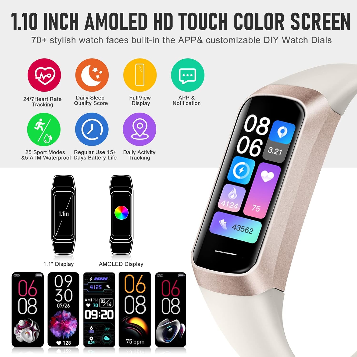 Fitness Tracker with 1.1" AMOLED Screen, 24/7 Heart Rate, SpO2 & Blood Pressure Monitor