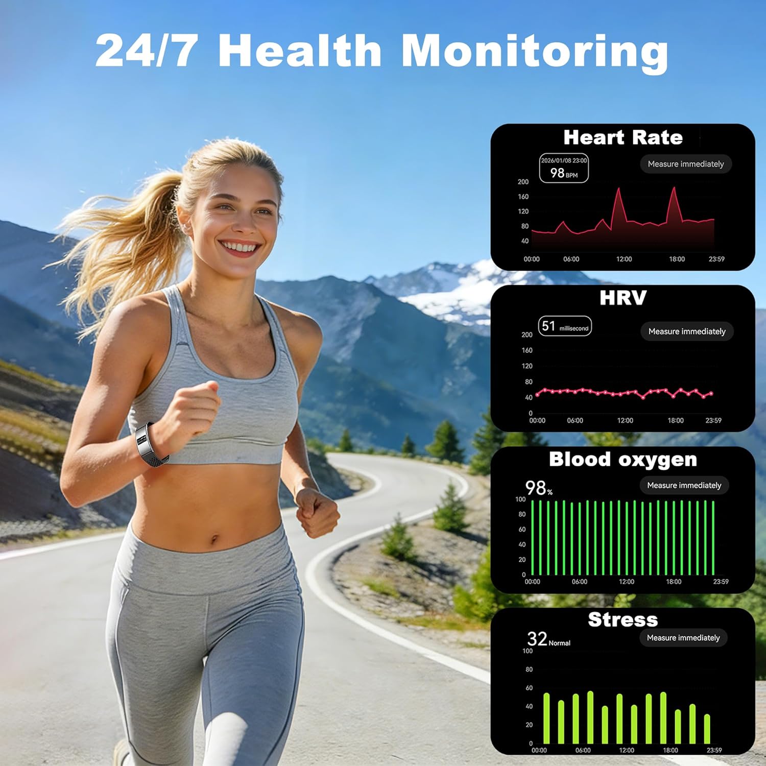 Smart Bracelet Fitness Tracker with Heart Rate, HRV, Stress & Sleep Monitor, 2 Bands