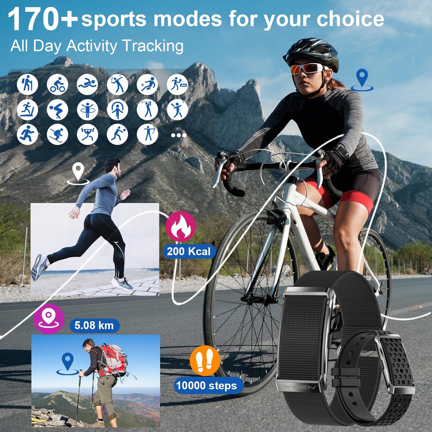 Smart Bracelet Fitness Tracker with Heart Rate, SpO2 & Sleep Monitor, 170+ Sports Modes, 2 Bands