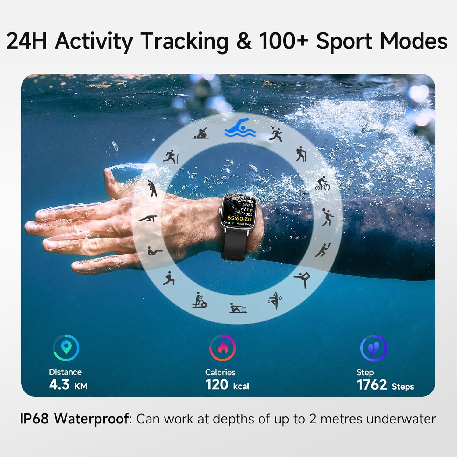 Smart Watch with Call Function, 1.85" HD Fitness Tracker with Heart Rate/SpO2 Monitor, IP68 Waterproof